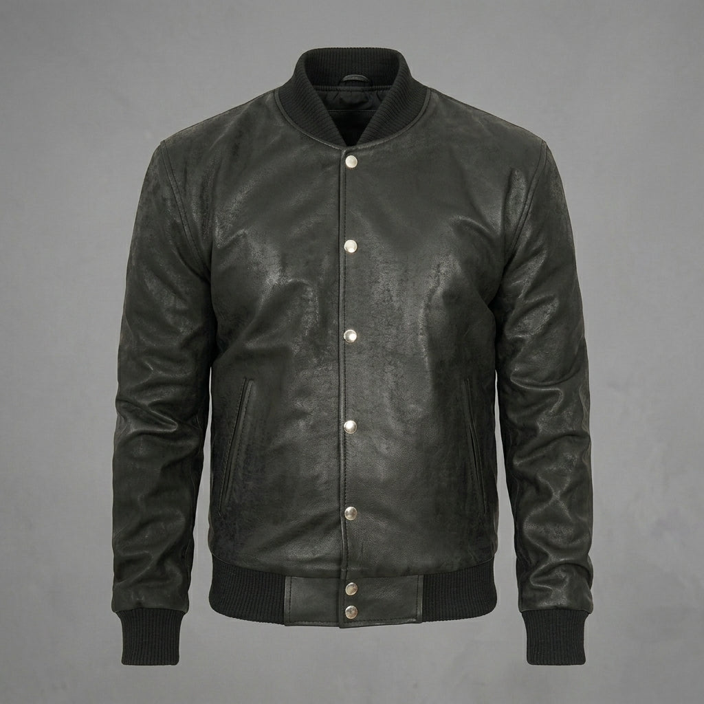Men’s Black Leather Letterman Bomber Jacket