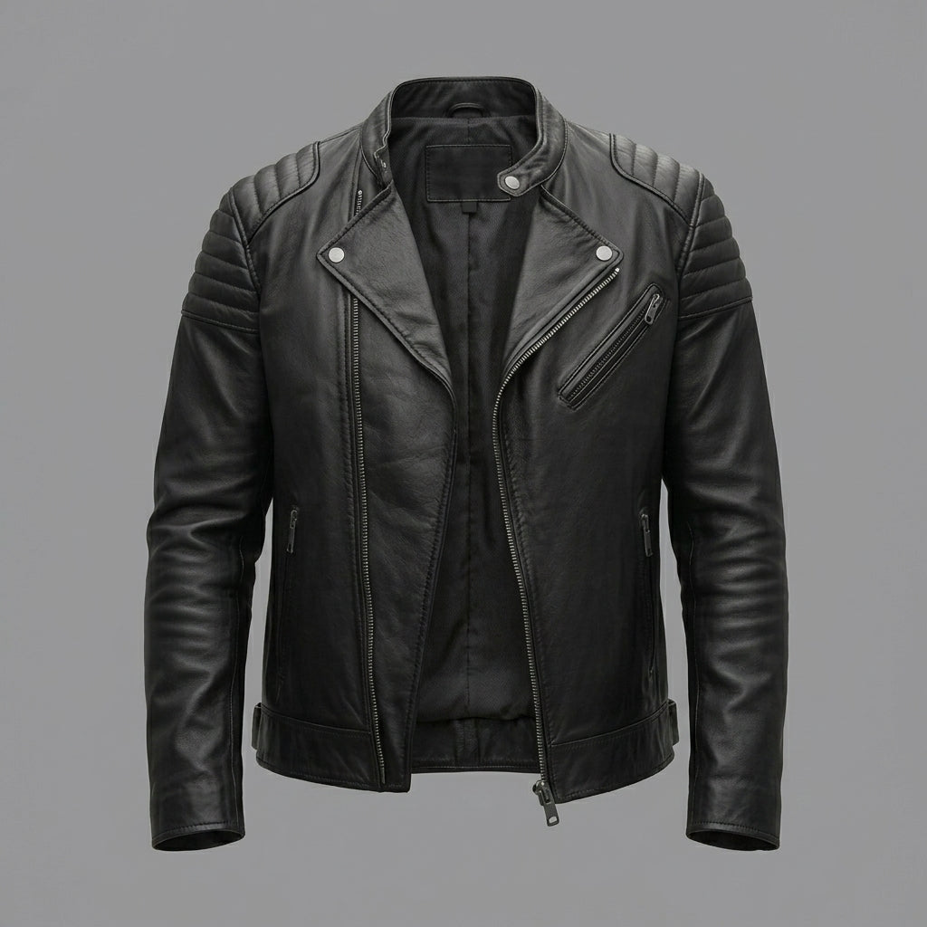 Men’s Black Asymmetrical Leather Biker Jacket – Classic Moto Style