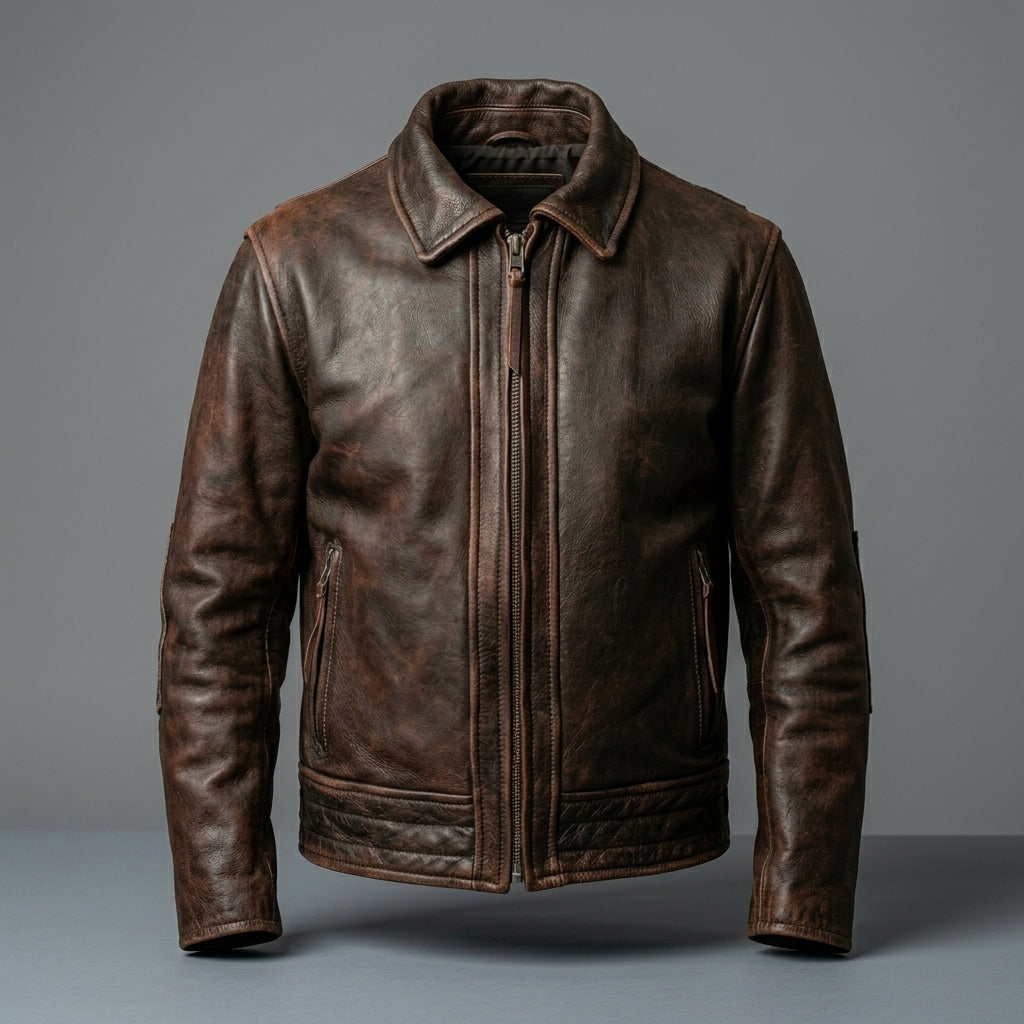 Men’s Vintage Brown Cafe Racer Leather Jacket – Classic Motorcycle Biker