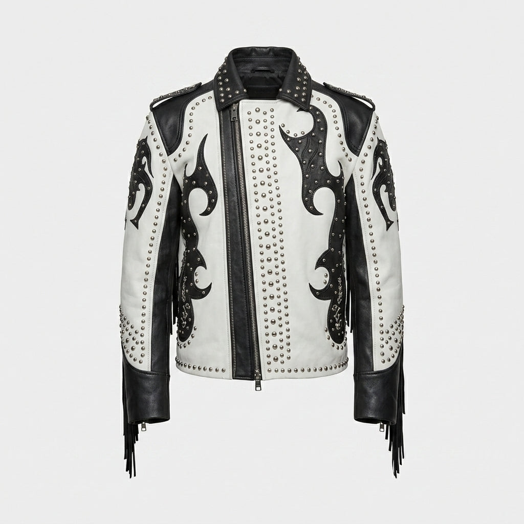 Men’s Black & White Studded Cowboy Leather Jacket