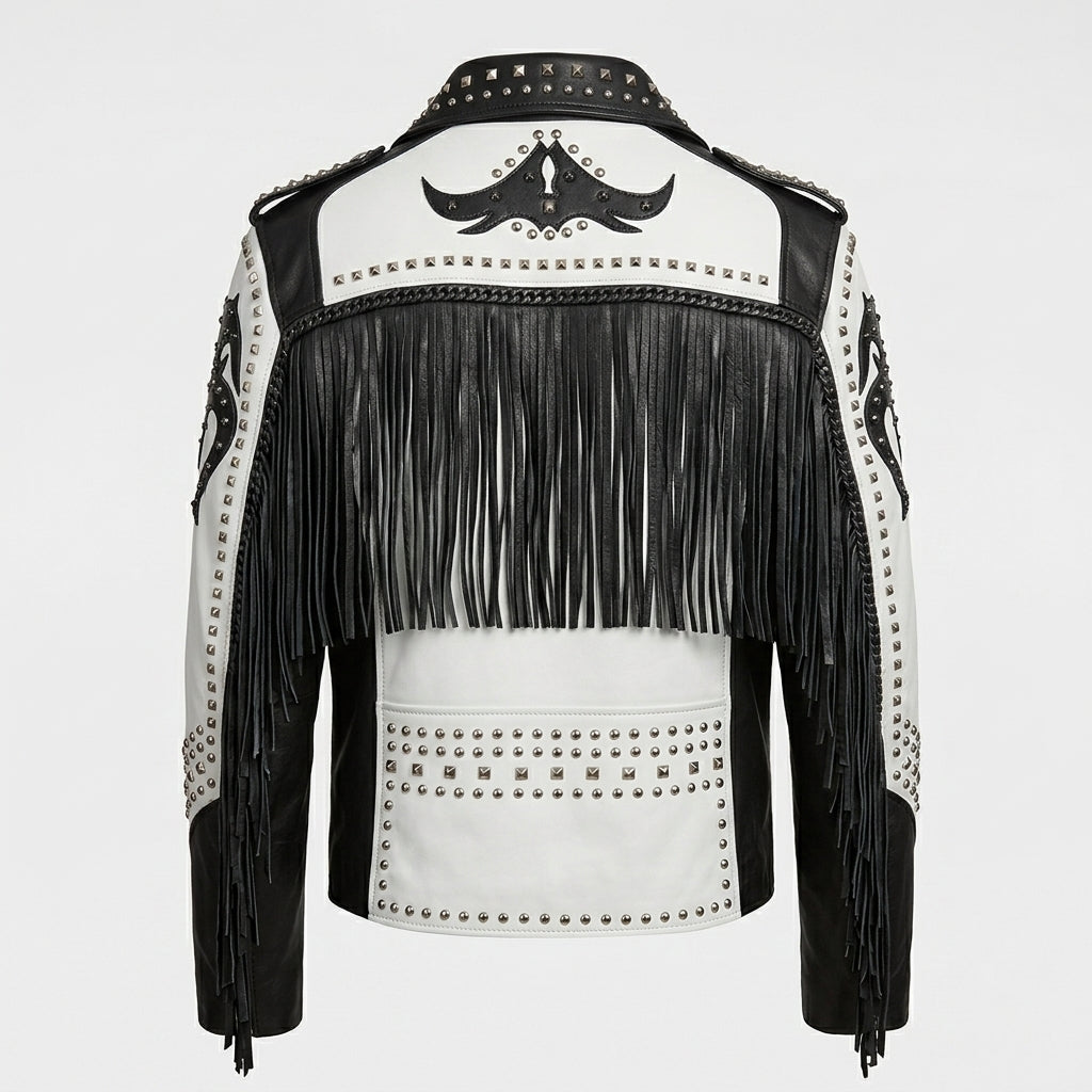 Men’s Black & White Studded Cowboy Leather Jacket