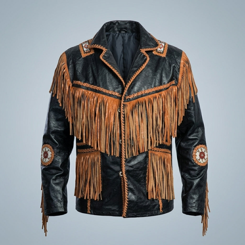 Men’s Cowboy Cowhide Leather Jacket with Fringe & Beads