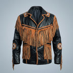 Men’s Cowboy Cowhide Leather Jacket with Fringe & Beads