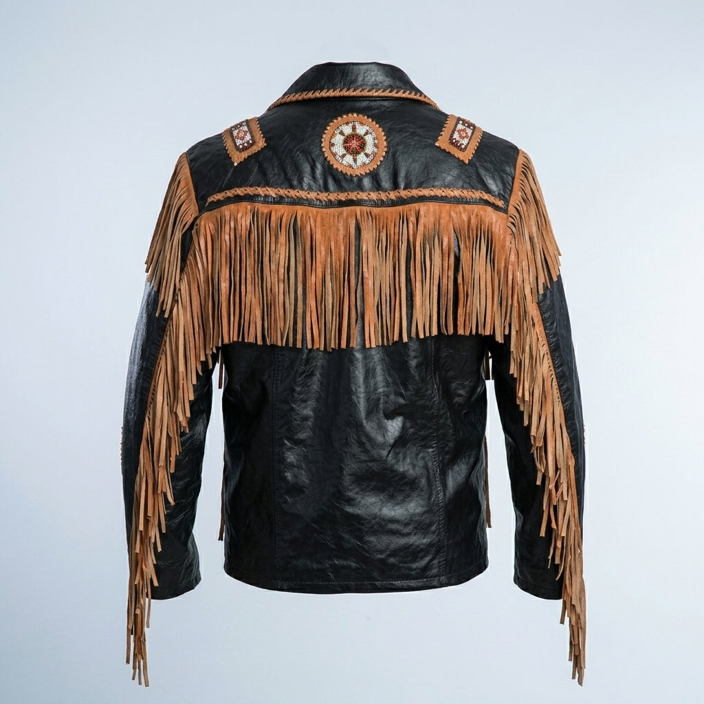 Men’s Cowboy Cowhide Leather Jacket with Fringe & Beads