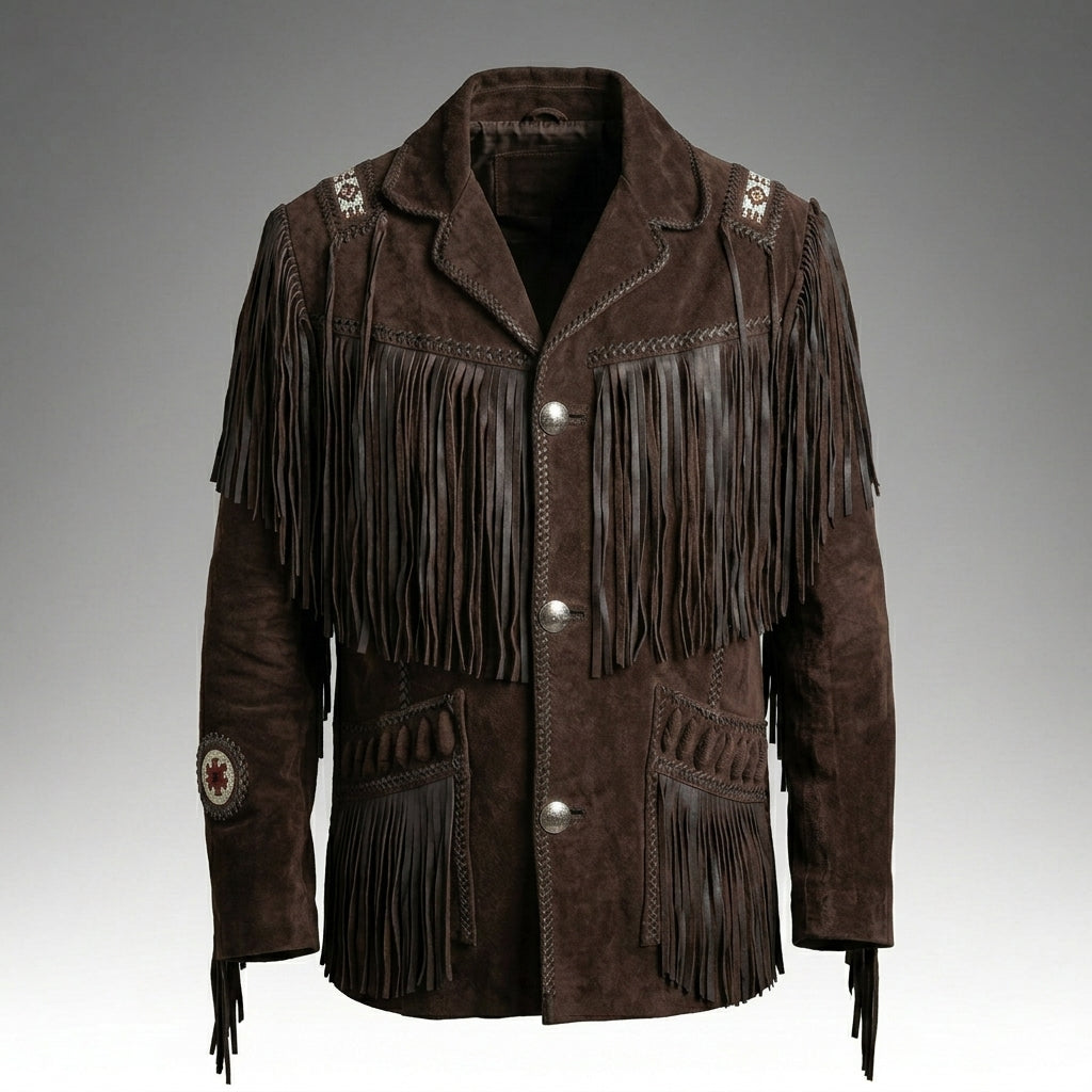 Men’s Brown Suede Fringe Jacket with Beads