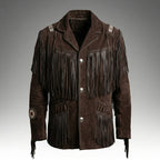 Men’s Brown Suede Fringe Jacket with Beads