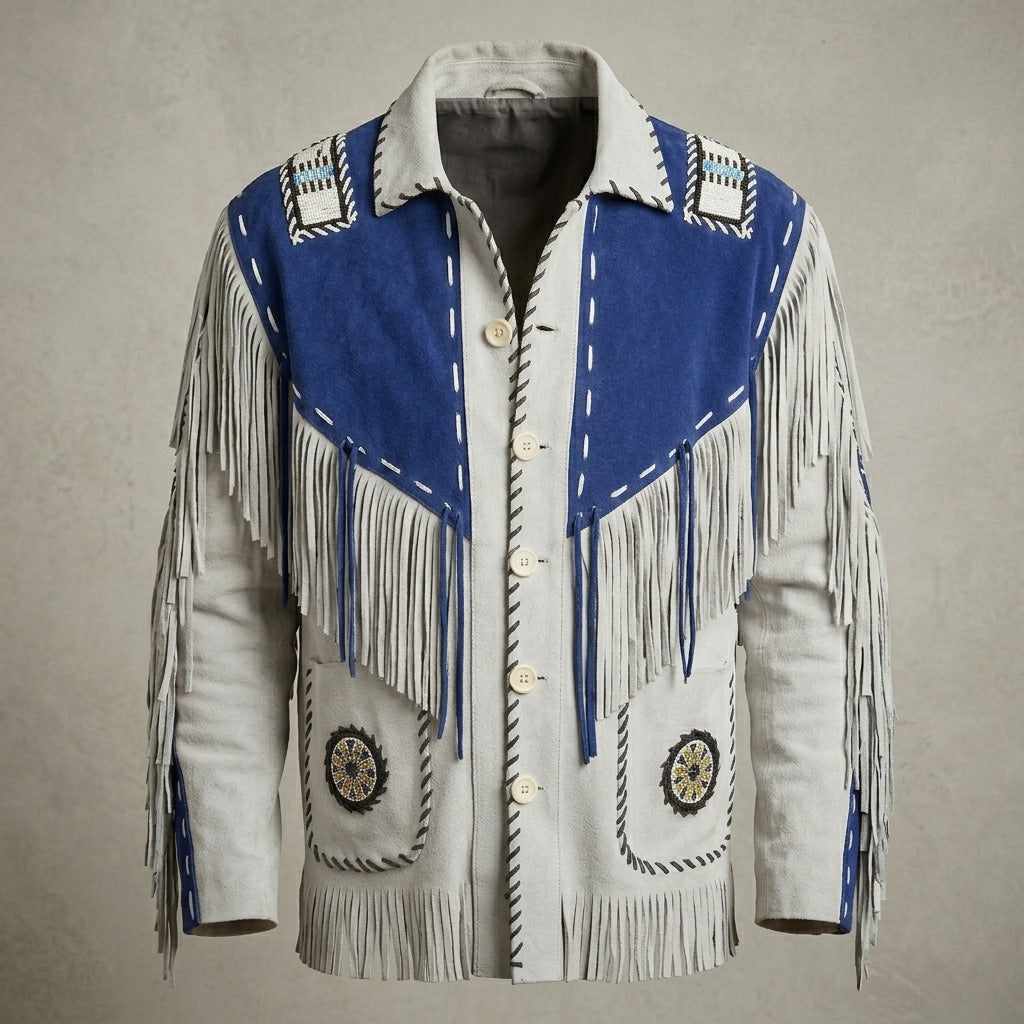 Men’s White & Blue Suede Cowboy Leather Jacket