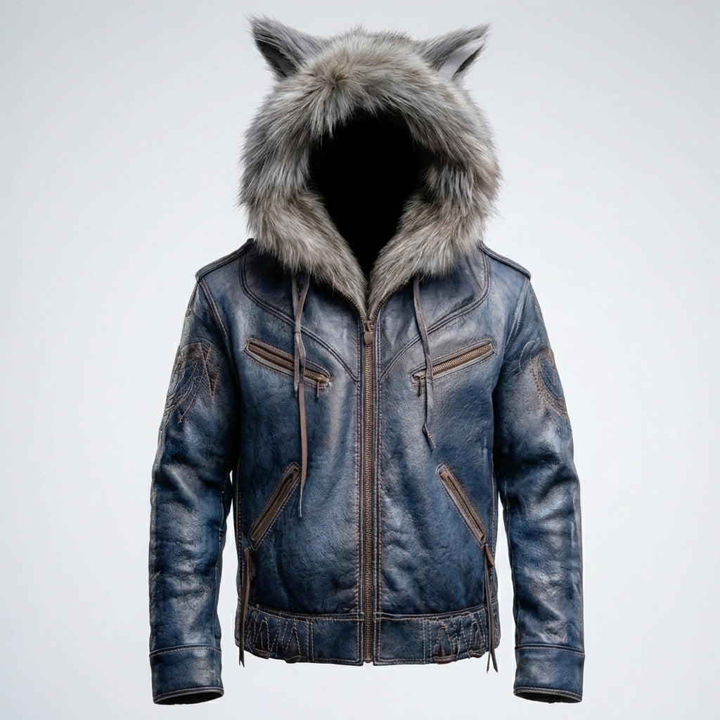 Men’s Blue Wolf Ear Leather Jacket with Fur Hood