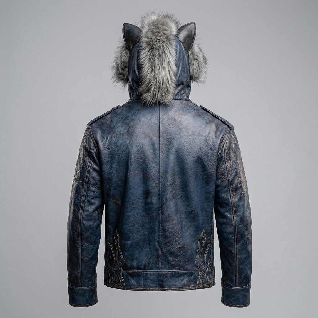 Men’s Blue Wolf Ear Leather Jacket with Fur Hood