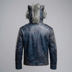 Men’s Blue Wolf Ear Leather Jacket with Fur Hood
