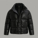 Men’s Black Faux Leather Puffer Jacket with High Neck Collar