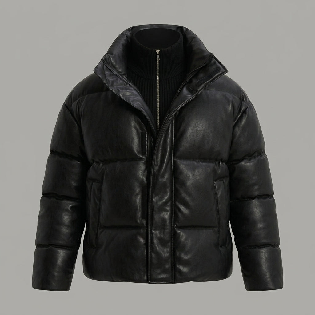 Men’s Black Faux Leather Puffer Jacket with High Neck Collar