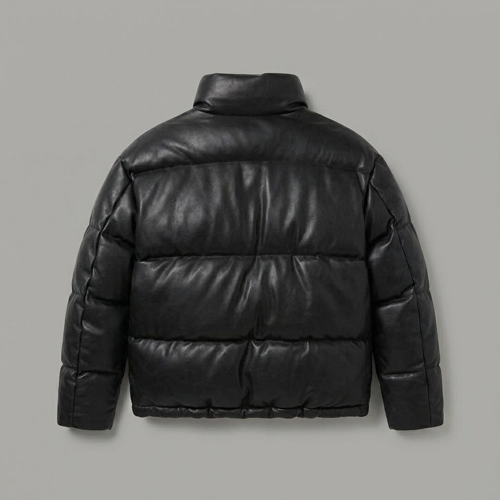 Men’s Black Faux Leather Puffer Jacket with High Neck Collar
