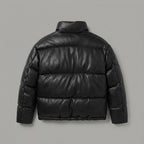 Men’s Black Faux Leather Puffer Jacket with High Neck Collar