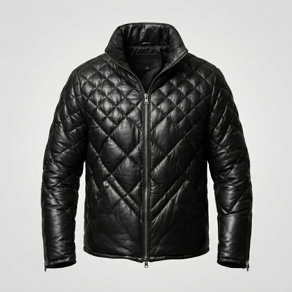 Men’s Black Lambskin Leather Puffer Jacket