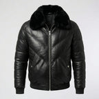 Men’s Black Leather V-Bomber Jacket with Fur Collar