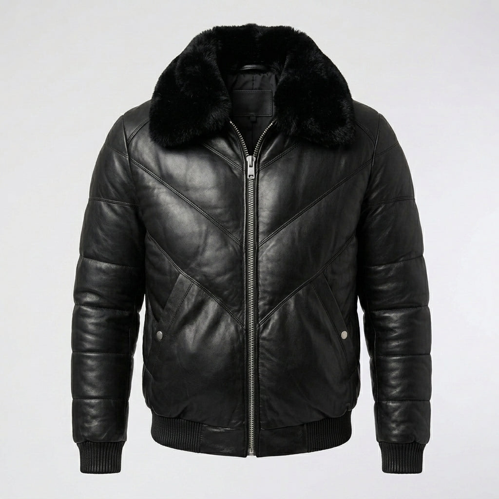 Men’s Black Leather V-Bomber Jacket with Fur Collar