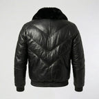 Men’s Black Leather V-Bomber Jacket with Fur Collar