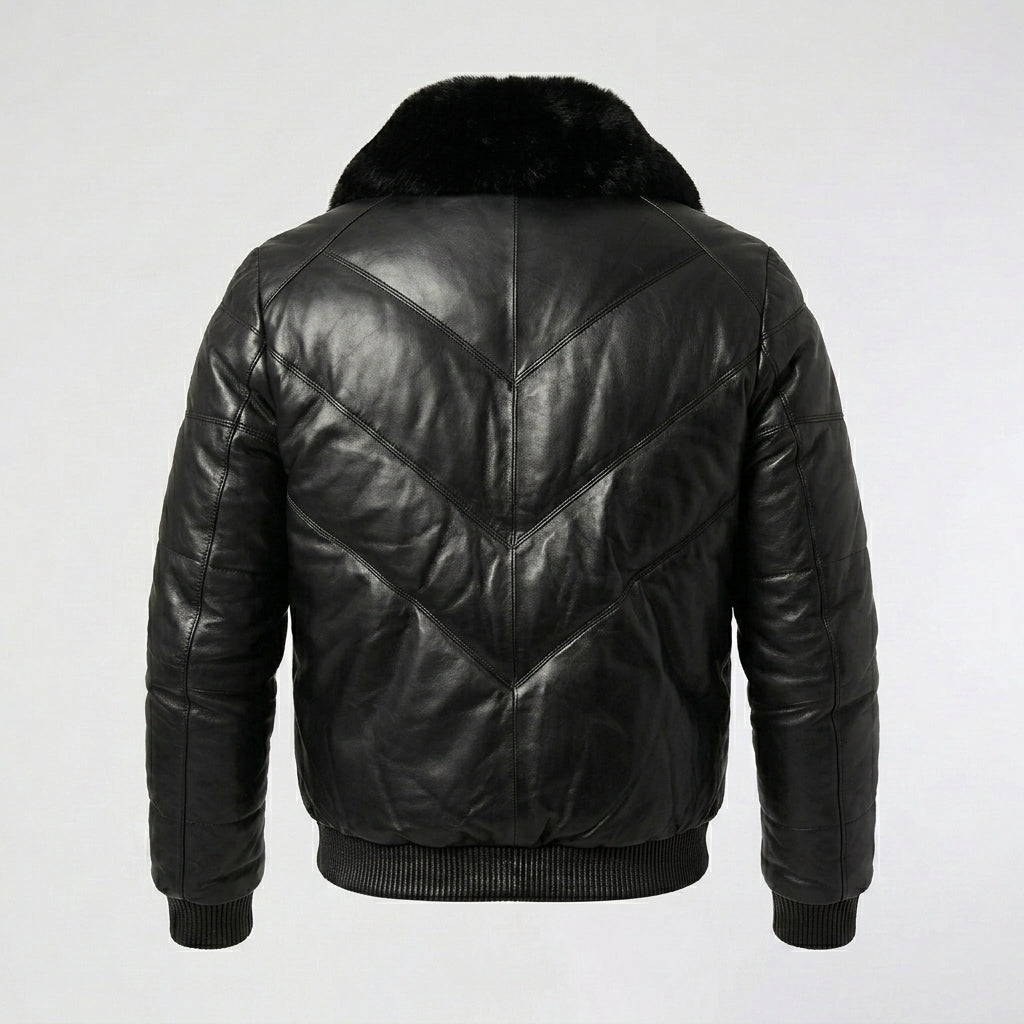Men’s Black Leather V-Bomber Jacket with Fur Collar