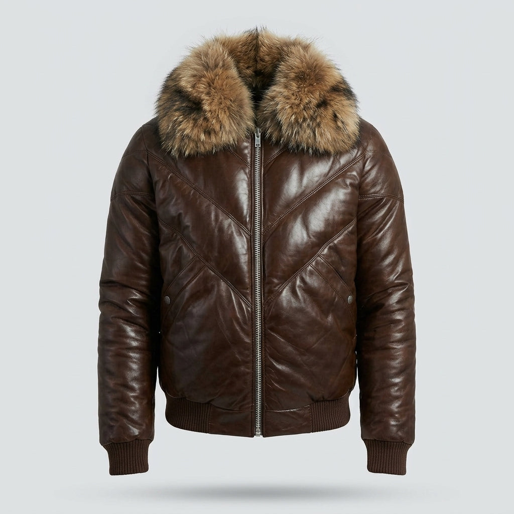 Men’s Dark Brown V-Bomber Leather Jacket