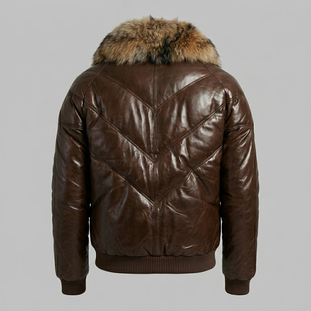 Men’s Dark Brown V-Bomber Leather Jacket