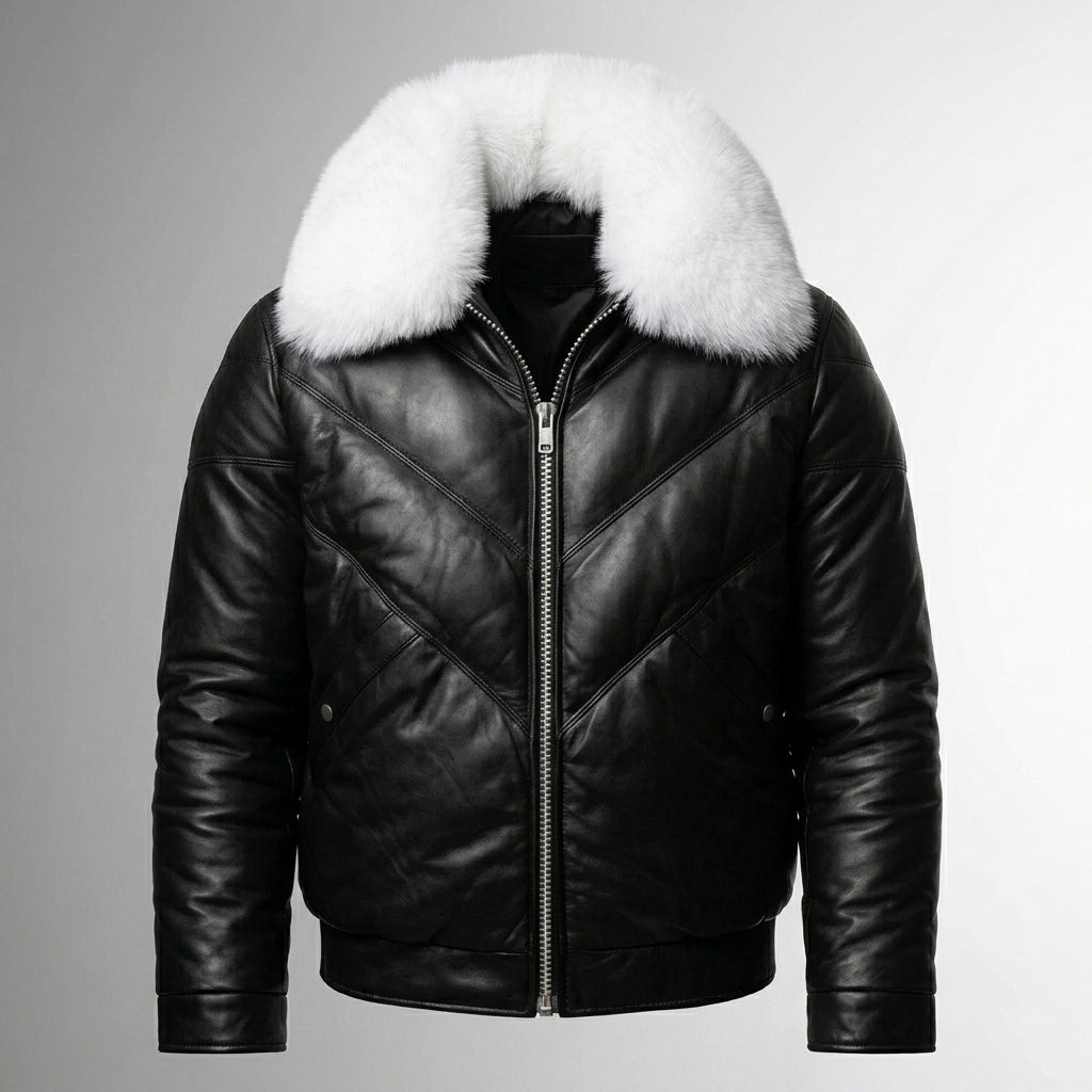 Men’s Iconic Black V-Bomber Leather Jacket with Fur Collar