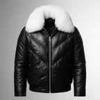 Men’s Iconic Black V-Bomber Leather Jacket with Fur Collar