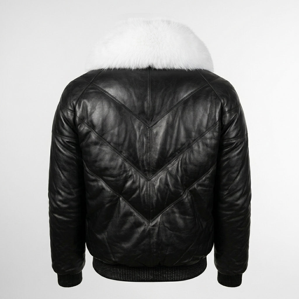 Men’s Iconic Black V-Bomber Leather Jacket with Fur Collar