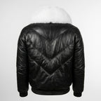 Men’s Iconic Black V-Bomber Leather Jacket with Fur Collar