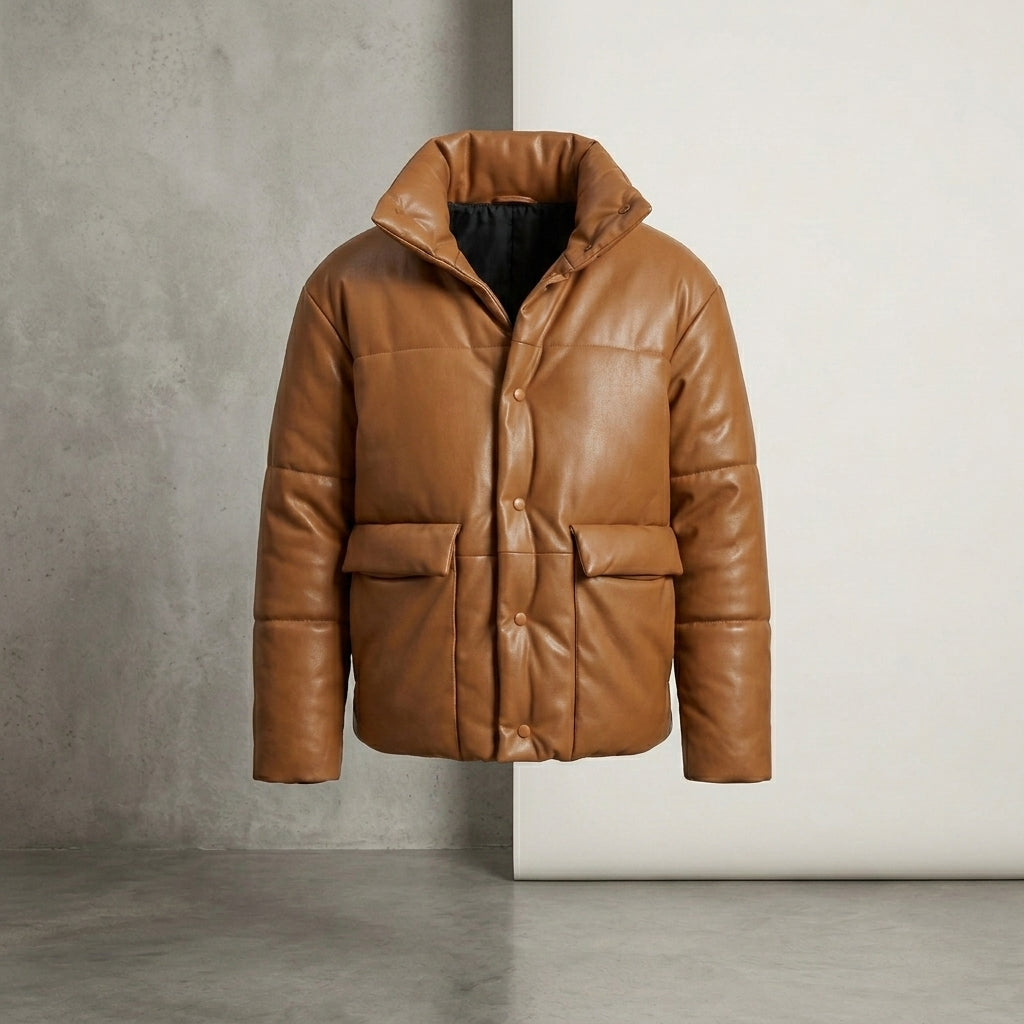 Men’s Brown Puffer Leather Bomber Jacket