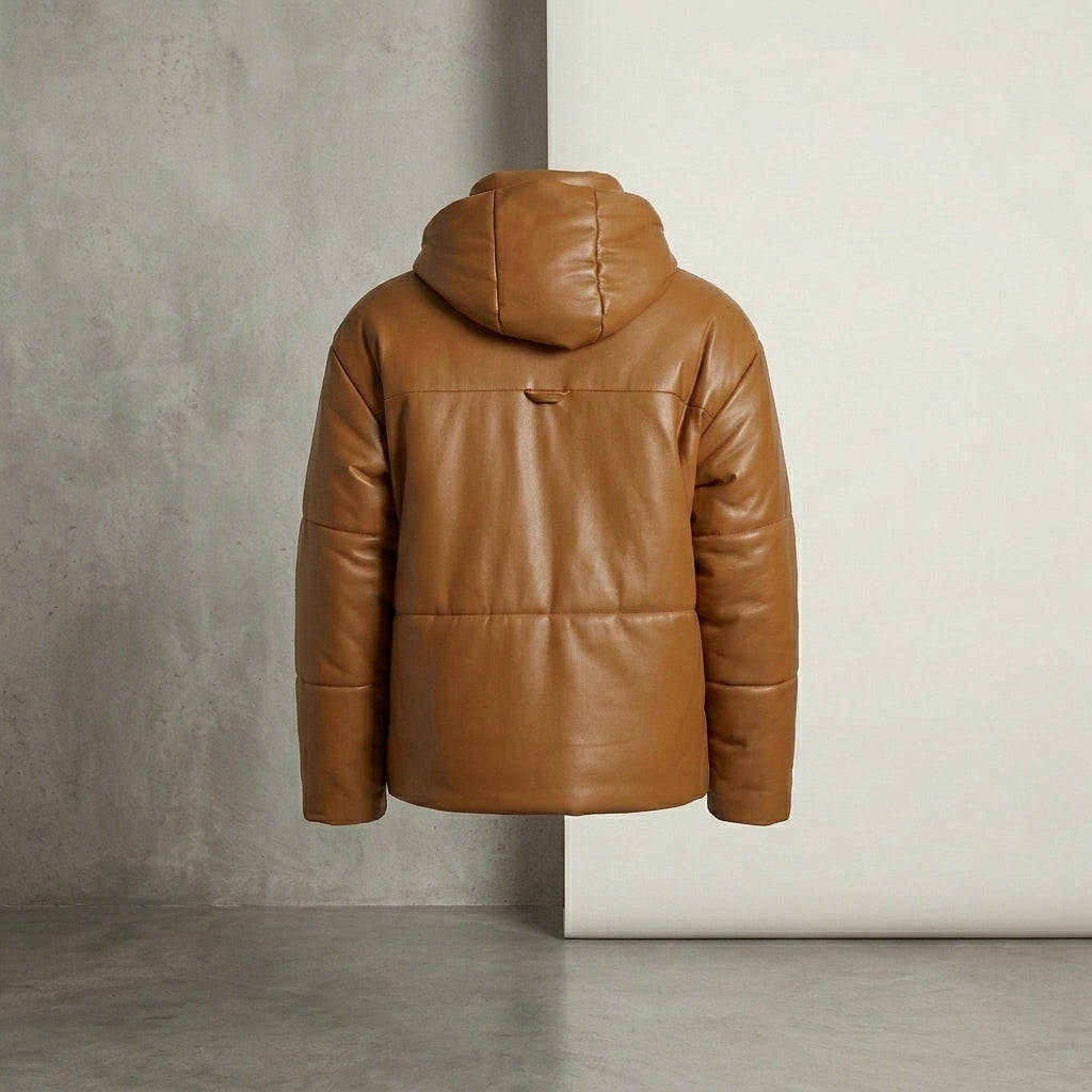 Men’s Brown Puffer Leather Bomber Jacket