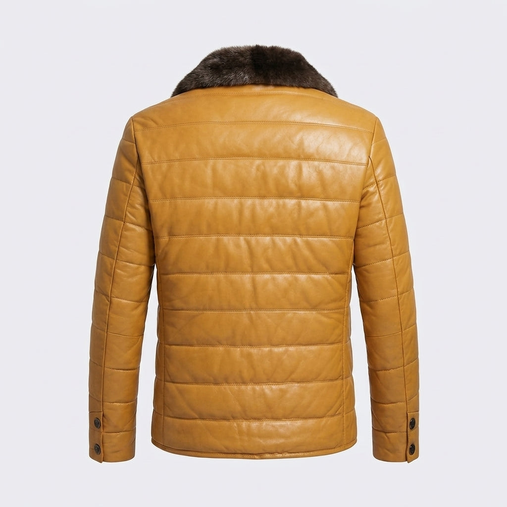 Men’s Leather Down Jacket Coat with Mink Fur Collar