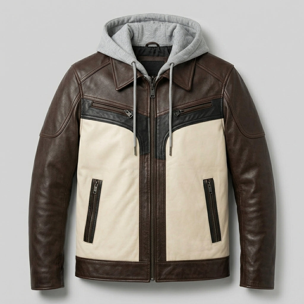 Men’sTwo-Tone Leather Moto Jacket with Hoodie