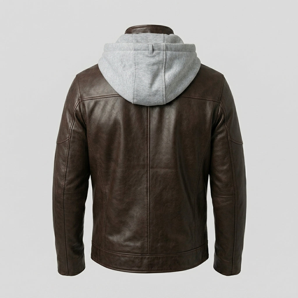 Men’sTwo-Tone Leather Moto Jacket with Hoodie