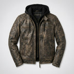 Men’s Vintage Hooded Leather Biker Jacke