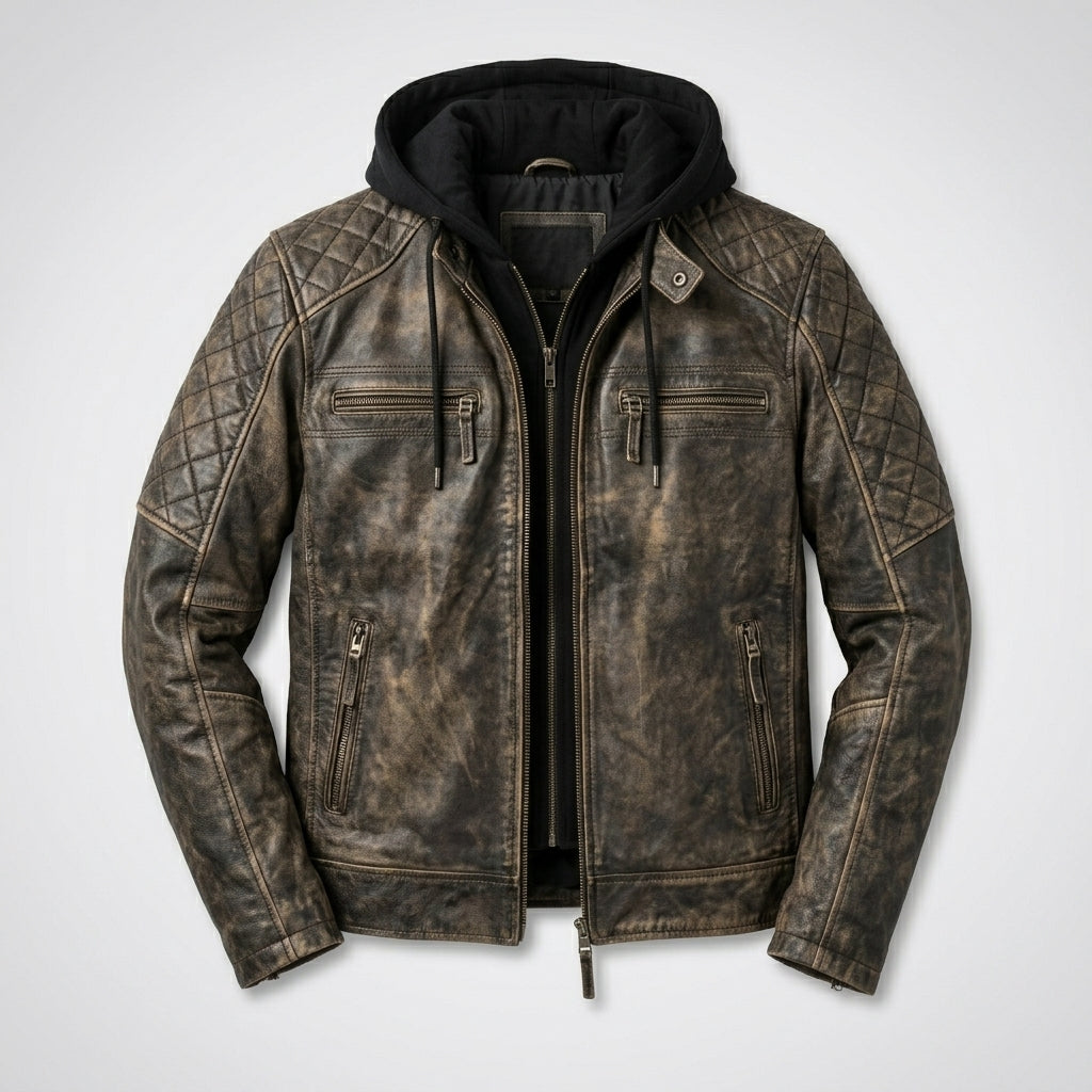 Men’s Vintage Hooded Leather Biker Jacke