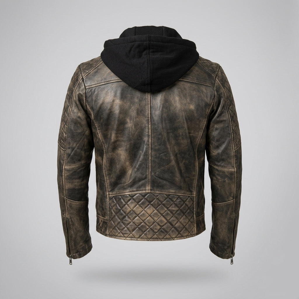 Men’s Vintage Hooded Leather Biker Jacke