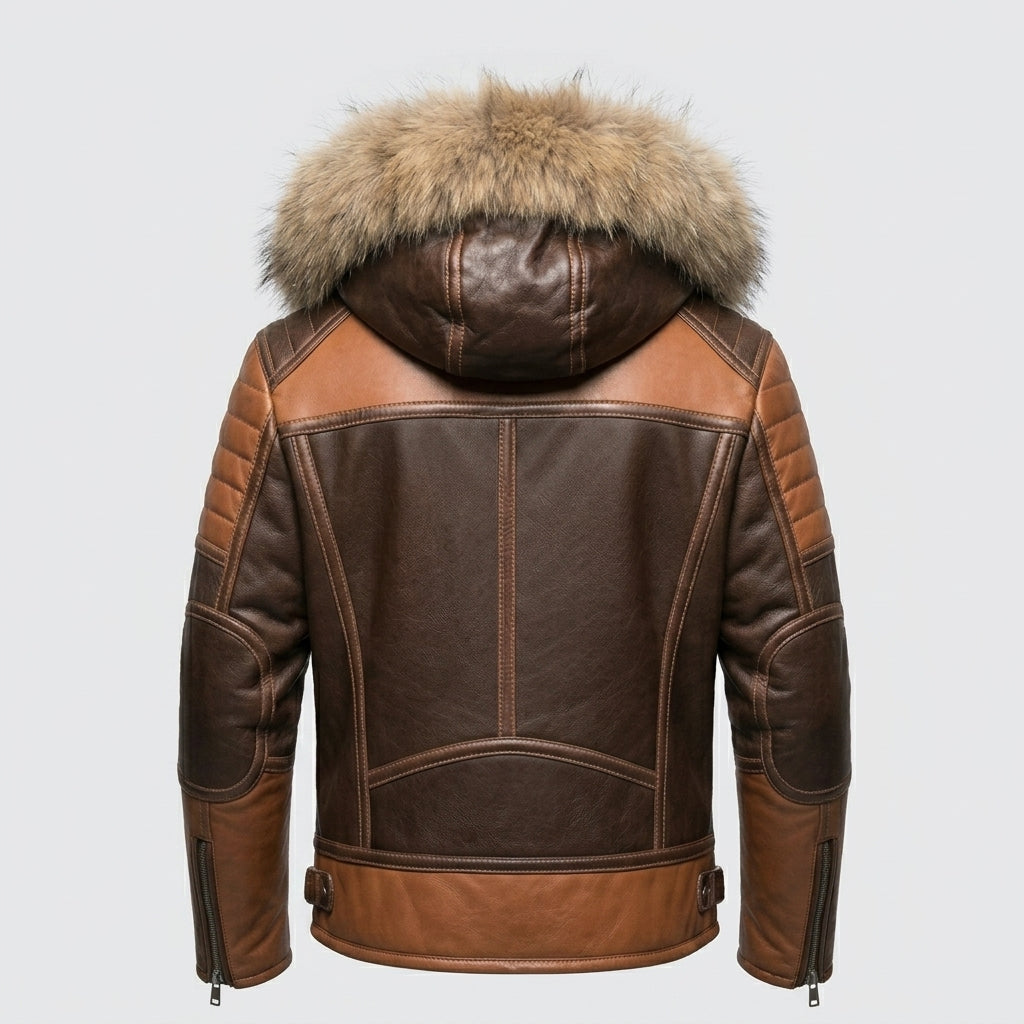Men’s Sheepskin Leather Biker Jacket with Fur Hood