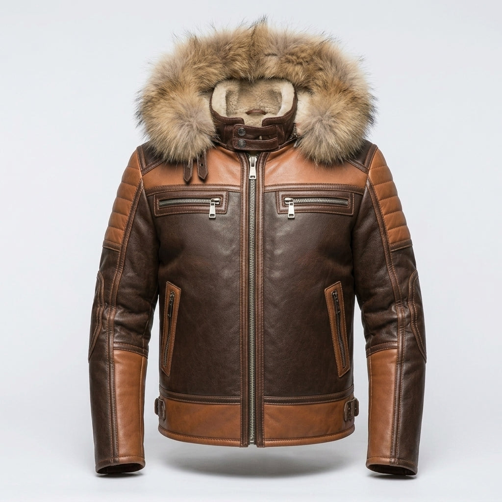 Men’s Sheepskin Leather Biker Jacket with Fur Hood