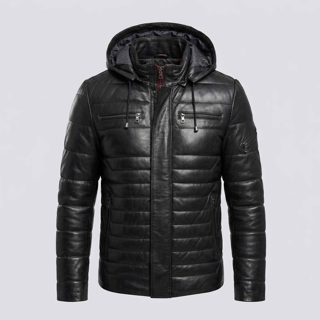 Men’s Real Leather Puffer Hooded Jacket