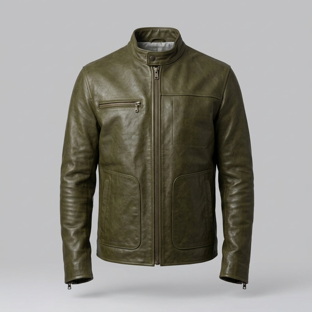 Men’s Olive Green Café Racer Leather Jacket