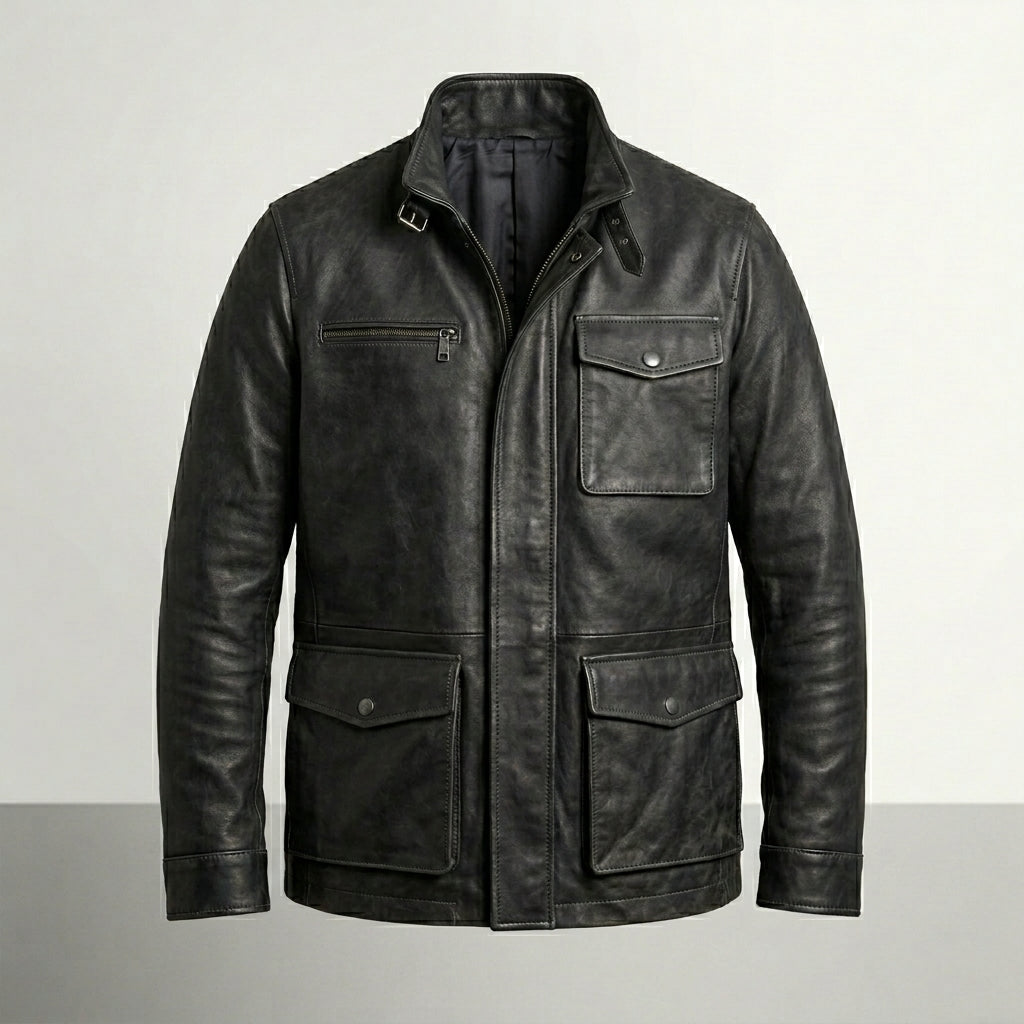 Men’s Classic Black Leather Field Jacket