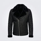 Men’s Black Crocodile Print Sheepskin Fur Leather Coat