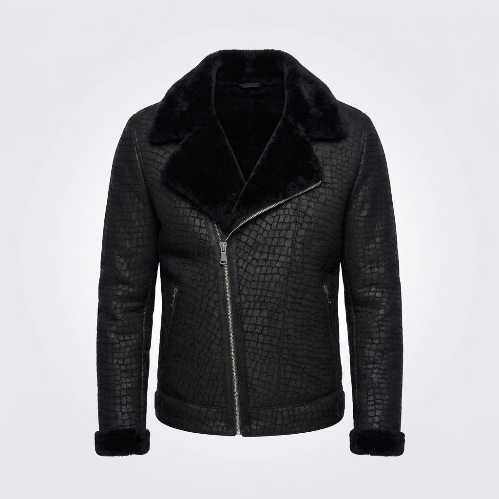 Men’s Black Crocodile Print Sheepskin Fur Leather Coat