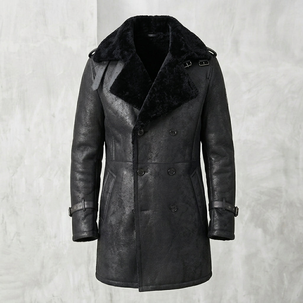 Men’s Black Shearling Long Trench Coat