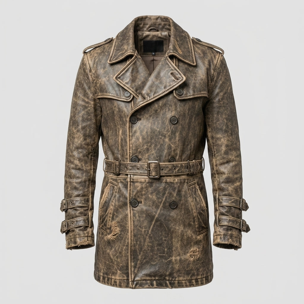 Men’s Distressed Brown Leather Trench Coat