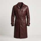 Men’s Maroon Shearling Sheepskin Leather Trench Coat with Belt