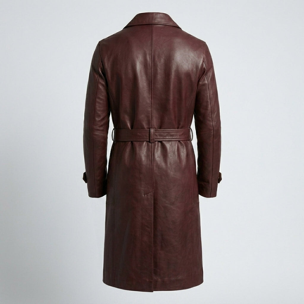 Men’s Maroon Shearling Sheepskin Leather Trench Coat with Belt