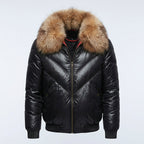 Men’s Black Bubble V-Bomber Leather Jacket – Quilted Winter Street Style