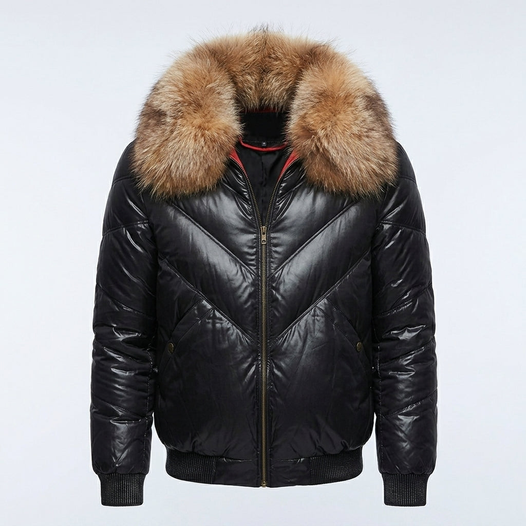 Men’s Black Bubble V-Bomber Leather Jacket – Quilted Winter Street Style